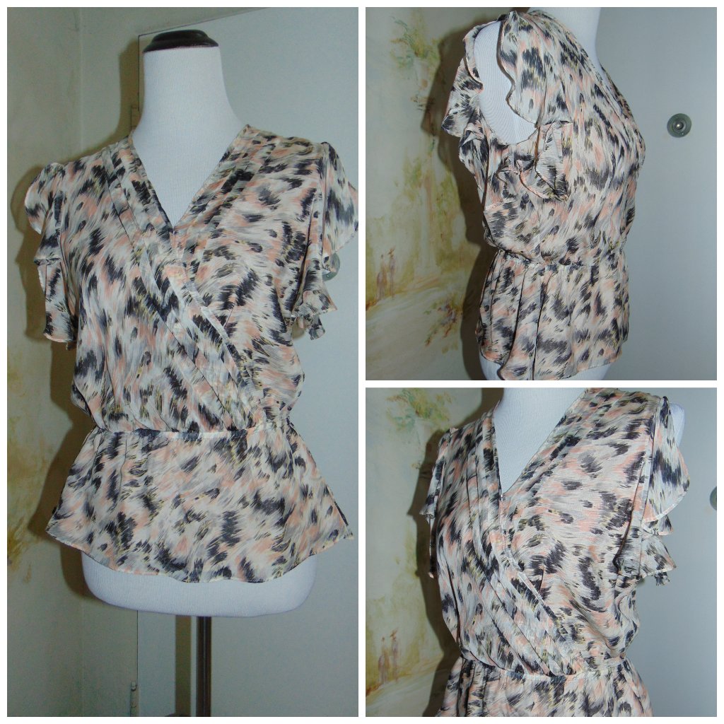 Heartloom Silk Cream Background Neutral Colored Peplum Pleated Blouse X-Small